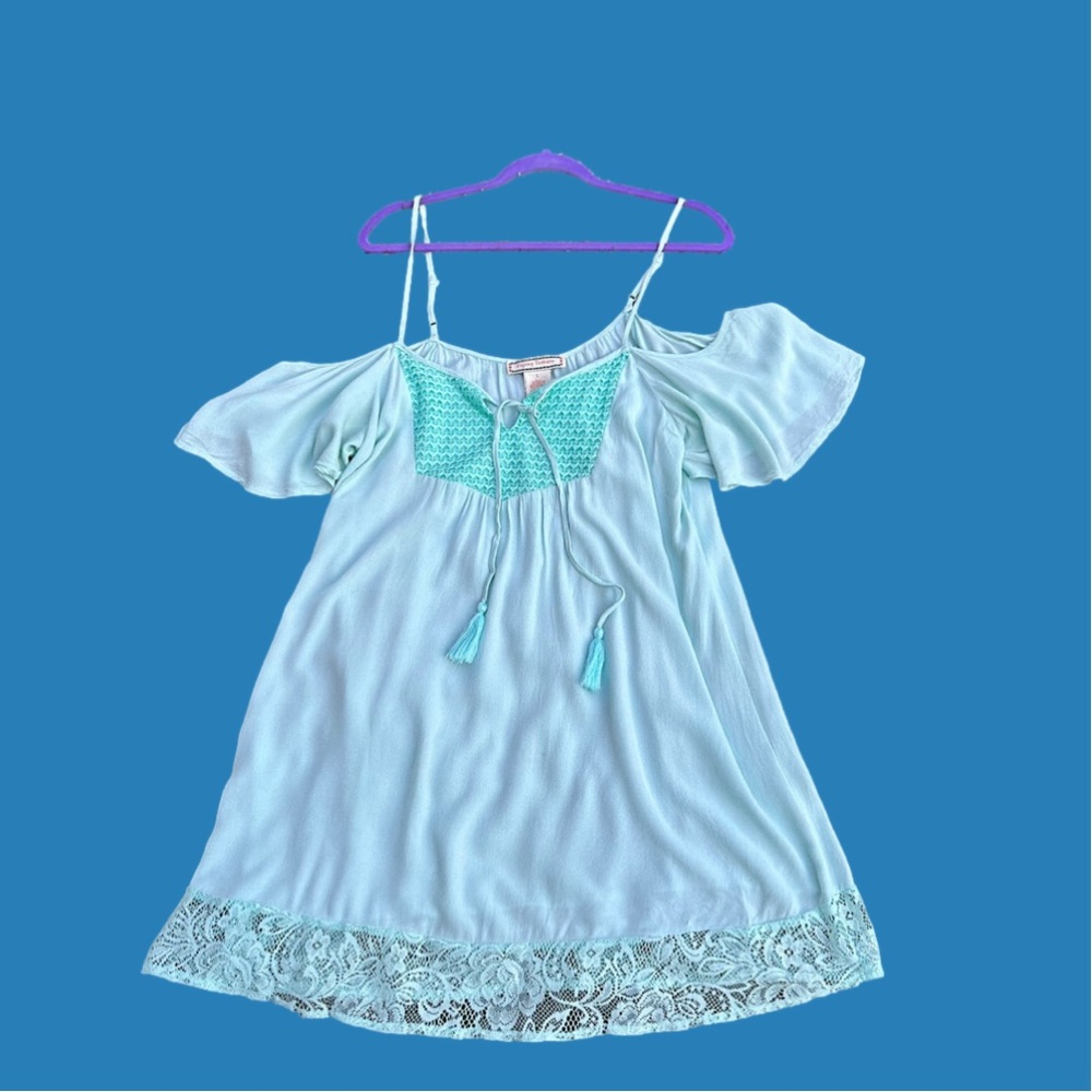 Sz L-Flying Tomato brand mint color cold shoulder dress w/lace accents & tie - Picture 1 of 8